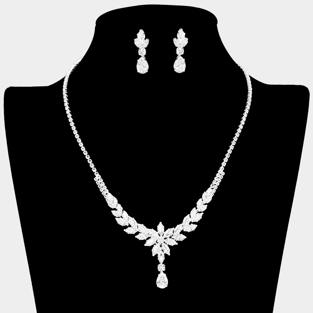 Silver Crystal Marquise CZ Cluster Flower Teardrop Pendant Evening Necklace Set